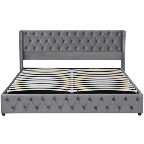 Rootz Upholstered Bed with Hydraulic Storage - Chesterfield Bed - Velvet Bed - Max Storage - 209cm x 149.5cm x 94.5cm - Gray