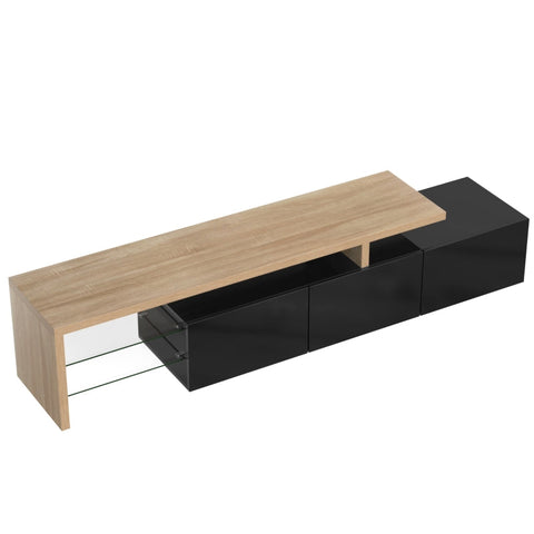 Rootz Elegant TV Cabinet - High Gloss Black - Wood Look - Glass Shelves - LED Lighting - 197.5L x 39W x 42H cm