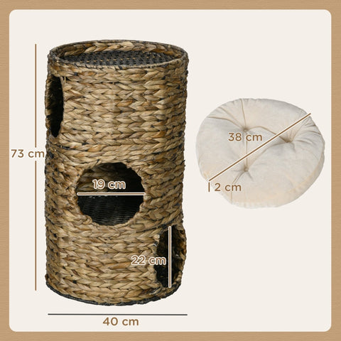Rootz Cat Scratching Barrel - Cat Tower - Feline Hideout - Viewing Platform - Water Hyacinth - 40cm x 73cm - Dark Brown