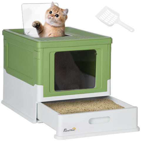 Rootz Modern Cat Litter Box - Button-In Design - Hygienic & Spacious - Litter Scoop Included - White+Green - 47.5cm x 35.5cm x 36.7cm