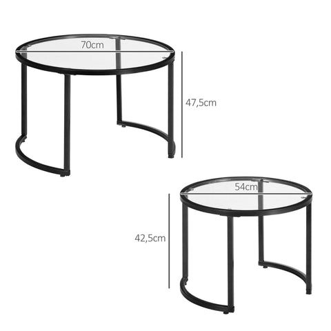 Rootz Set of 2 Side Tables - Industrial Design - Stackable Tables - Space-Saving - Durable & Easy to Clean - Stable Base - Ø70 x 47.5H cm (Large) & Ø54 x 42.5H cm (Small) - Steel & Tempered Glass
