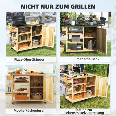 Rootz Outdoor Kitchen Island - Grilling Car - Wooden Kitchen Carts - Stainless Steel - Enhanced Mobility - 134.5l x 50b x 91.5H cm
