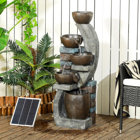 Rootz Garden Fountain - Brick Look - 5-Tier Cascade - Solar Powered - LED Lights - 107cm - Weatherproof Resin - Grey/Brown