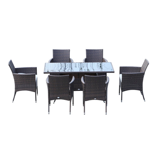 Rootz 7-Piece Polyrattan Garden Furniture Set - Outdoor Dining Set - Patio Furniture - Durable Construction - Comfortable Seating - Easy Maintenance - Table: 150L x 80W x 74H cm, Chairs: 61L x 60W x 85H cm