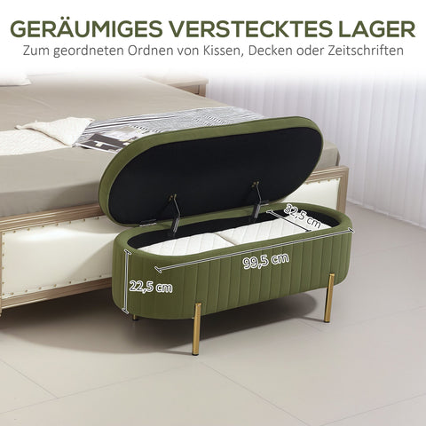 Rootz Bench with Storage - Upholstered Seat - Velvet Bench - Comfortable & Elegant - 108cm x 44cm x 43.5cm - Green & Gold