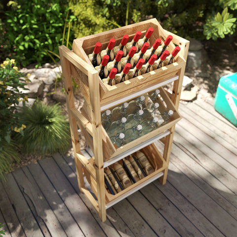Rootz Beverage Crate Shelf - Wooden Storage Stand - 3-Tier Box Organizer - Natural Spruce Wood - 56 x 32 x 112 cm - Ideal for Parties & BBQs