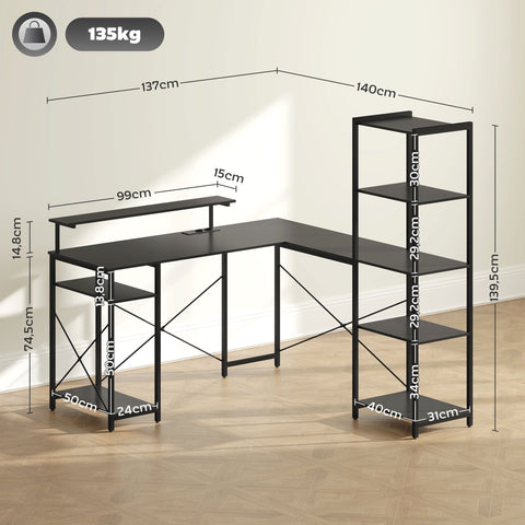 Rootz L Shape Desk - Corner Computer Desk - Ergonomic Office Table - Charging Station - 137cm x 140cm x 139.5cm