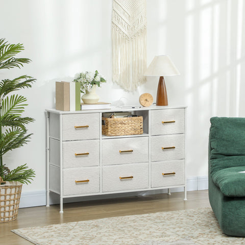 Rootz Chest of Drawers 8 Drawer Storage Cabinet - Dresser - Sideboard - Built-in Power Strip - White - 110x30x76cm - Soft Boucle Fabric, Stylish, Spacious