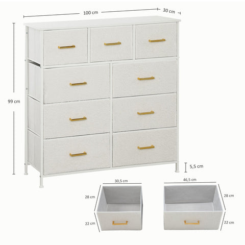 Rootz Fabric Dresser - Storage Chest - 9 Drawer Organizer - Versatile and Elegant - 99cm x 30.5cm x 28cm - Cream White