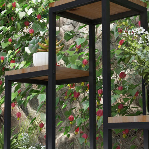 Rootz Flower Shelf - Plant Shelve - 4 Tier Plant Stairs - Flower Rack - Indoor & Outdoor - Metal Frame - Black + Light Brown - 80 x 20 x 74 cm