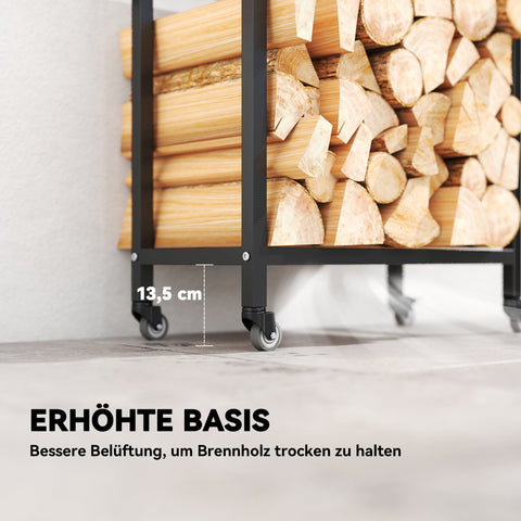 Rootz Firewood Rack – Indoor Log Holder – Steel Wood Storage – 2 Tiers, Rolling Wheels, Organized Firewood, 60 x 30 x 119 cm – Black