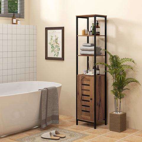 Rootz Industrial Bathroom Cabinet - Organizer - Storage Unit - Lamella Door & Adjustable Shelves - 37x30x167cm