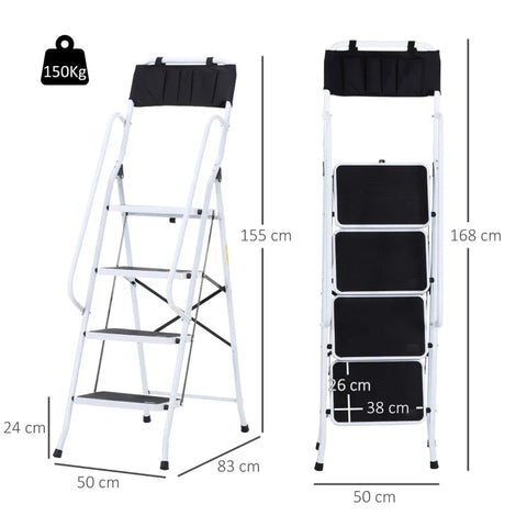 Rootz Step Ladder - Household Ladder - Folding Ladder - Including Tool Holder - Non-slip - Railing - Black + Silver - 50 x 83 x 155 cm