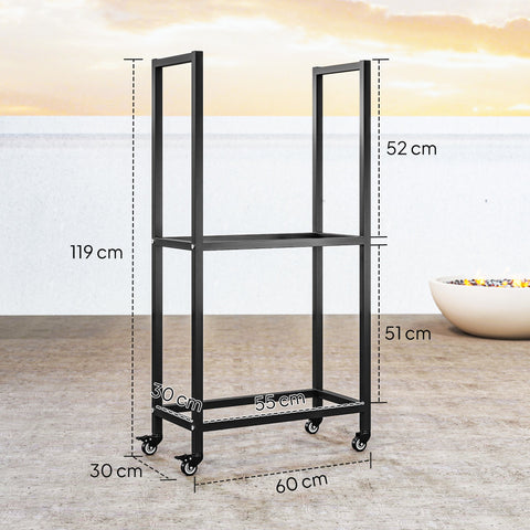 Rootz Firewood Rack – Indoor Log Holder – Steel Wood Storage – 2 Tiers, Rolling Wheels, Organized Firewood, 60 x 30 x 119 cm – Black