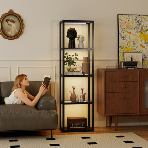 Rootz RGB Floor Lamp with Glass Shelves – LED Standing Light – Modern Shelf Lamp – Mood Lighting – Remote Controlled – 45x29x157cm – Black