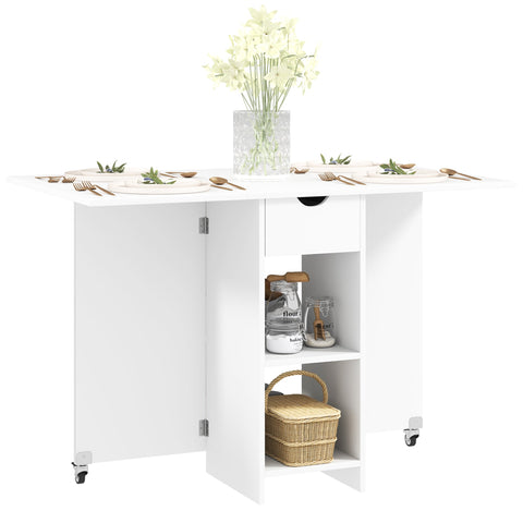 Rootz Folding Dining Table - Space-saving Table - Extendable Table - Storage & Wheels - White - 114.5W x 70D x 75H cm