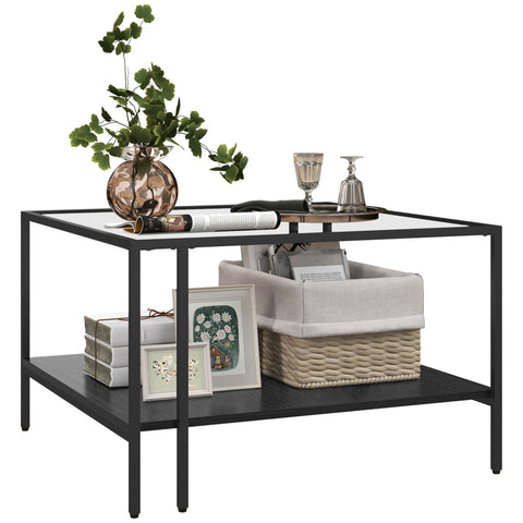 Rootz Square Coffee Table - Minimalist Glass Table - Modern Living Room Table - Storage Shelf - 73cm x 73cm x 46.5cm