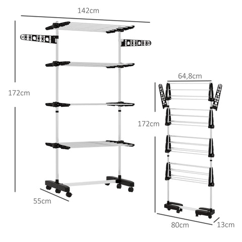 Rootz Laundry Tumble Dryer - Foldable Clothes Airer - Drying Rack - One-Click System - 142cm x 55cm x 172cm - Black & Silver
