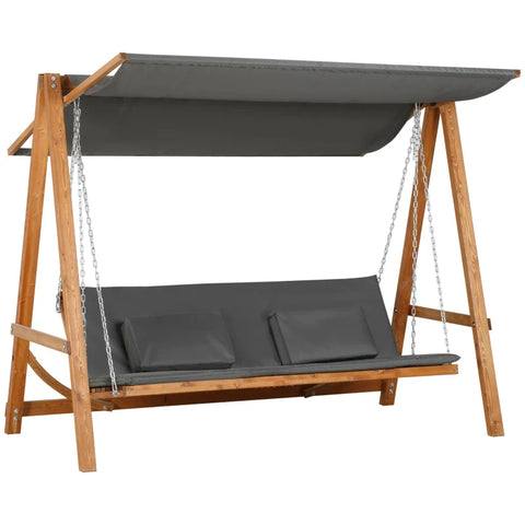 Rootz Hollywood Swing With Bed Function - 3-seater Garden Swing With Roof - Hollywood Lounger - Garden Lounger - Pine Wood - Polyester - Gray + Teak - 225.5 x 113 x 180 cm