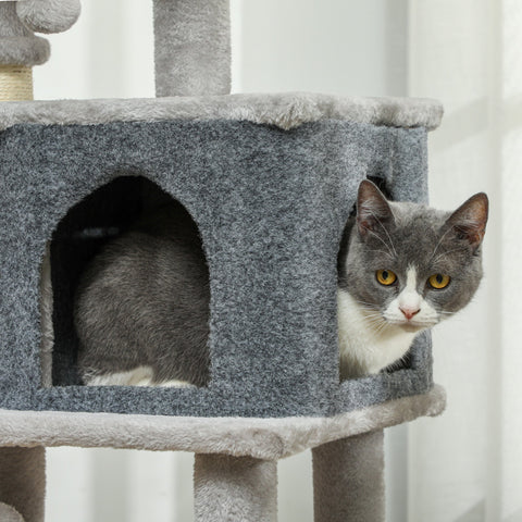 Rootz Scratching Post Cat Tower - Activity Center - Plush Bed - Protect Furniture - 44b x 34t x 104h cm - Grey