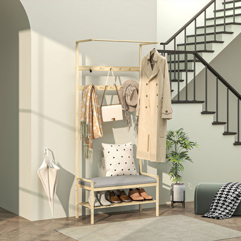 Rootz Wardrobe with Shoe Bench - Clothes Rail - Hall Tree - Bamboo Storage - 73.5cm x 34cm x 171cm