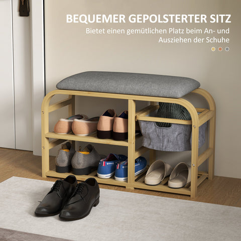 Rootz Shoe Bench with Shelves - Shoe Storage Bench - Bamboo Seat - Upholstered Seat - 70cm x 30cm x 45cm - Soft Comfort & Efficient Organization