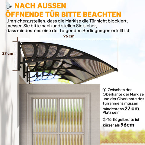 Rootz Canopy for Front Door/Window - Weatherproof Awning - UV Protection Cover - Aluminum/Polycarbonate - 303cm x 96cm x 27cm - Black/Brown
