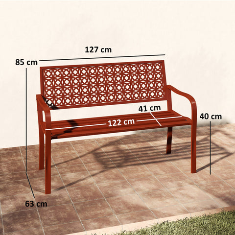 Rootz 2-Seater Outdoor Bench - Steel Garden Bench - Park Bench - Cut Backrest - Weather-Resistant - 127cm x 63cm x 85cm - Red