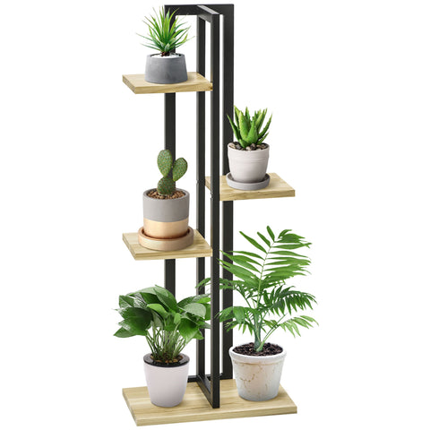 Rootz 4 Floor Plant Stand - Adjustable Flower Stand - Indoor Plant Stairs - Industrial Design - 110 cm High - Black+Natural Wood - 45L x 25B x 110H cm