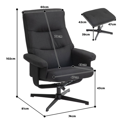 Rootz Reclining Chair with Stool Set - Swivel Seat - Rocker Function - Velvet Look, 135° Adjust - 74W x 81D x 102H cm, Black