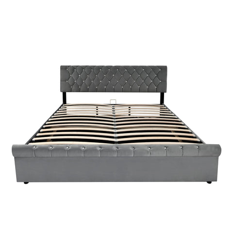 Rootz Upholstered Bed - Height-Adjustable Headboard - Slatted Frame - Comfort Back Support - 219cm x 169cm x 92/97/105cm - Grey Velvet