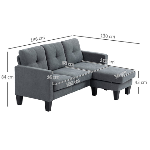 Rootz Corner Sofa 3-Seater - Chaiselongue - Modular Couch - High Comfort - 186cm x 130cm x 84cm