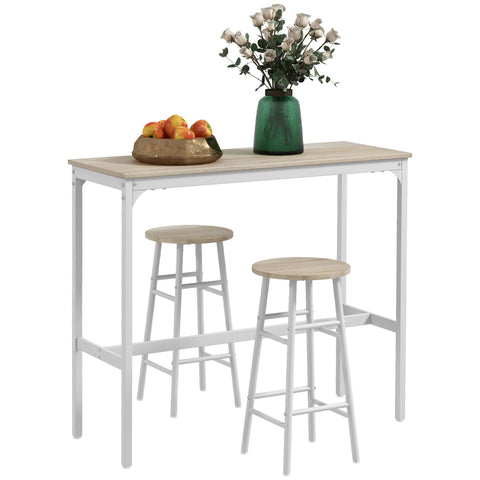Rootz 3 Piece High Table Set - Bar Set - Dining Set - Space-Saving Design - 105x40x90cm, Stools 30x60cm - Steel & MDF, White- Brown