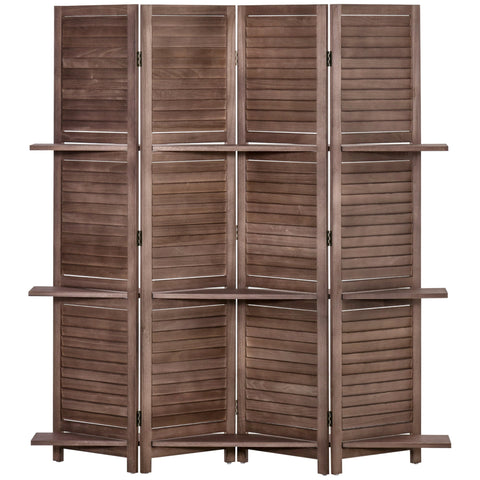 Rootz Wooden Screen 4 Panel Room Divider - Foldable Privacy Screen - Interior Partition - Rustic Walnut Design - 162cm x 170cm - 3 Shelves Included
