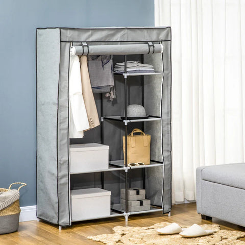 Rootz Fabric Cabinet - Cloth Cabinet - Closet Storage Solution - 6 Shelves - 1 Clothes Rail - Cupboard - Gray - 103L x 43W x 162.5H cm