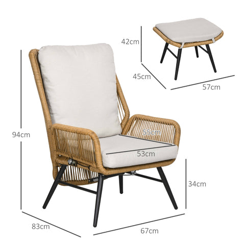 Rootz Polyrattan Garden Chair and Stool Set - Outdoor Furniture - Patio Seating - Adjustable Backrest - Weatherproof - Non-Slip Feet - 67W x 83D x 94H cm (Chair), 57W x 45D x 42H cm (Stool)
