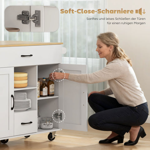 Rootz Rolling Kitchen Island - Mobile Cart - Fold-Out Work Surface - Storage Cabinet - Soft Close Doors - Spacious & Organized - White, 115x70x89 cm
