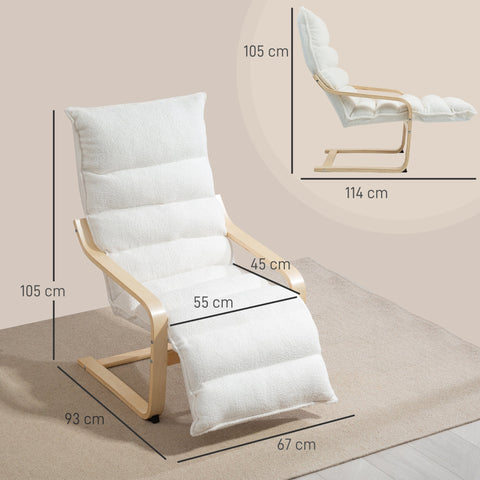 Rootz Lounge Armchair - Upholstered Armchair - Reading Chair - Adjustable Footrest - Birch Wood - 67cm x 93-114cm x 105cm - White