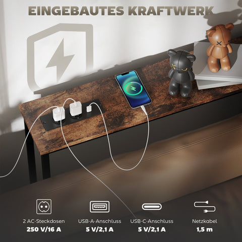 Rootz Slim Console Table with Charging Station - Industrial Side Table - Narrow Hallway Table - Built-in Charging Ports - 160cm x 80cm