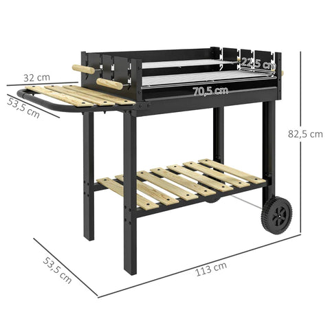 Rootz Charcoal Grill - Grillwagen - 2 Grilloppervlakken - 2 Wielen - Handgrepen - Planken - Metaal - Dennenhout - Zwart - 113 X 53,5 X 82,5 Cm