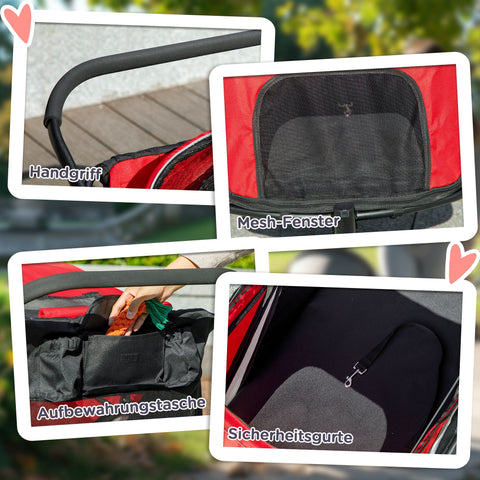 Rootz Dog Buggy - Pet Stroller - Animal Carriage - Foldable Steel Frame with Lying Pillow - Red/Black - 111cm x 70cm x 97.5cm