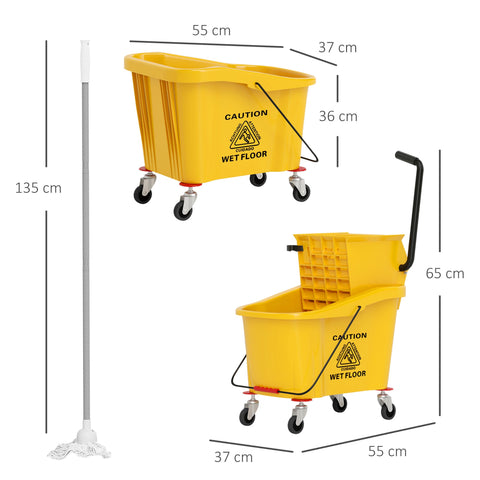 Rootz 36L Wheeled Cleaning Bucket - Mop Trolley - Mop Caddy - Quick Wring Efficiency - 55cm x 37cm x 65cm