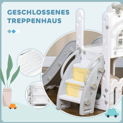 Rootz 5 in 1 Children's Slide - Toddler Slide - Kids Indoor Playground - Basketball Hoop - Non-Slip Safe Play - Grey and White - 70 x 177 x 92 cm