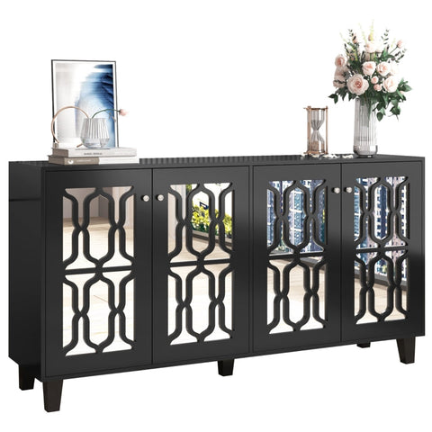 Rootz Black Mirrored Sideboard - Luxury Buffet - Storage Cabinet - Durable MDF - 160L x 40W x 84H cm
