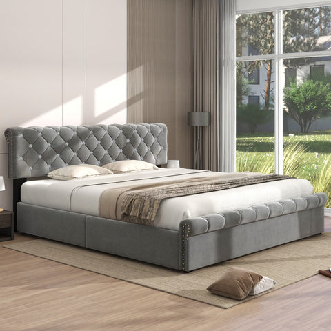 Rootz Upholstered Bed - Sleep Platform - Bedroom Furniture - Adjustable Headboard - Velvet Finish - 219cm x 189cm x 92/97/105cm