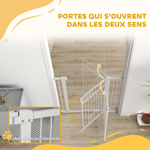 Rootz Pet Protection Fence - Pet Barrier - Safety Gate - Durable Steel - Adjustable Width 76-104cm with Cat Door, White