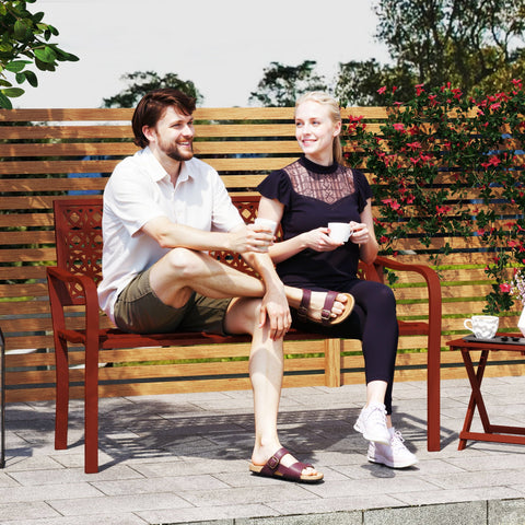 Rootz 2-Seater Outdoor Bench - Steel Garden Bench - Park Bench - Cut Backrest - Weather-Resistant - 127cm x 63cm x 85cm - Red