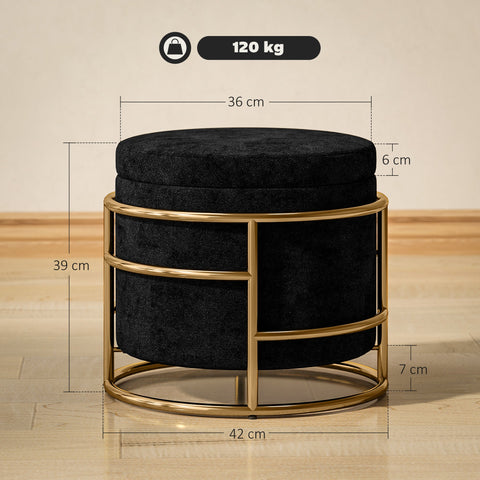 Rootz Sitting Stool with Storage - Foot Stool - Elegant Ottoman - Velvet Softness - Ø42 x 39h cm - Gold-Plated Frame - Black