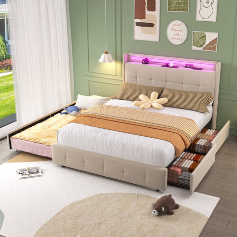 Rootz Double Bed with USB Headboard - Modern Guest Bed - Storage Beds - LED Lighting - 222cm x 148.5cm x 113cm