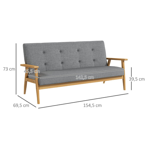 Rootz Grey Three-Seater Sofa - Couch - Linen Sofa - Soft Padding Comfort - Rubber Wood Frame - 154.5 x 69.5 x 73 cm